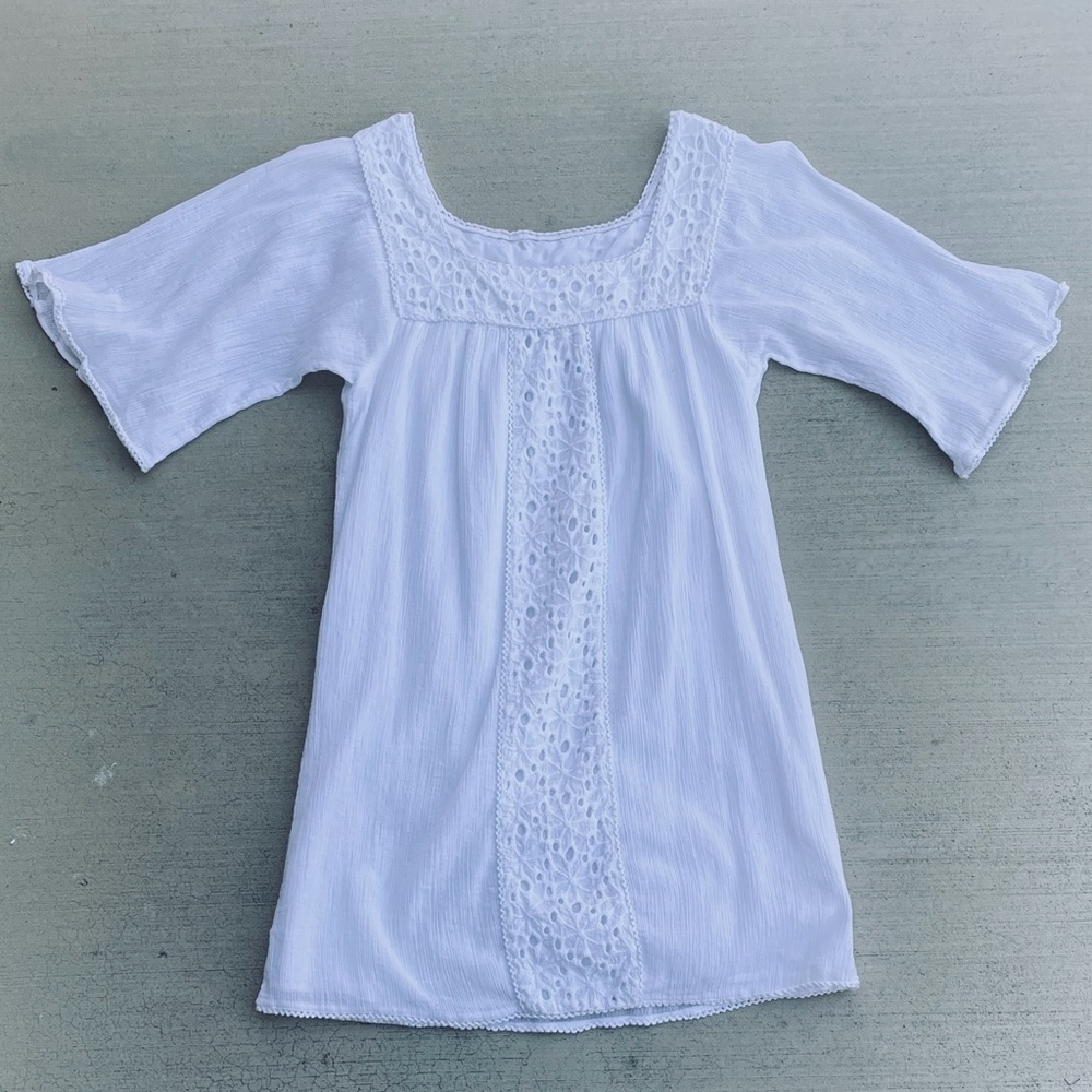 White Gauze Mini Dress With Lace Eyelet Detail